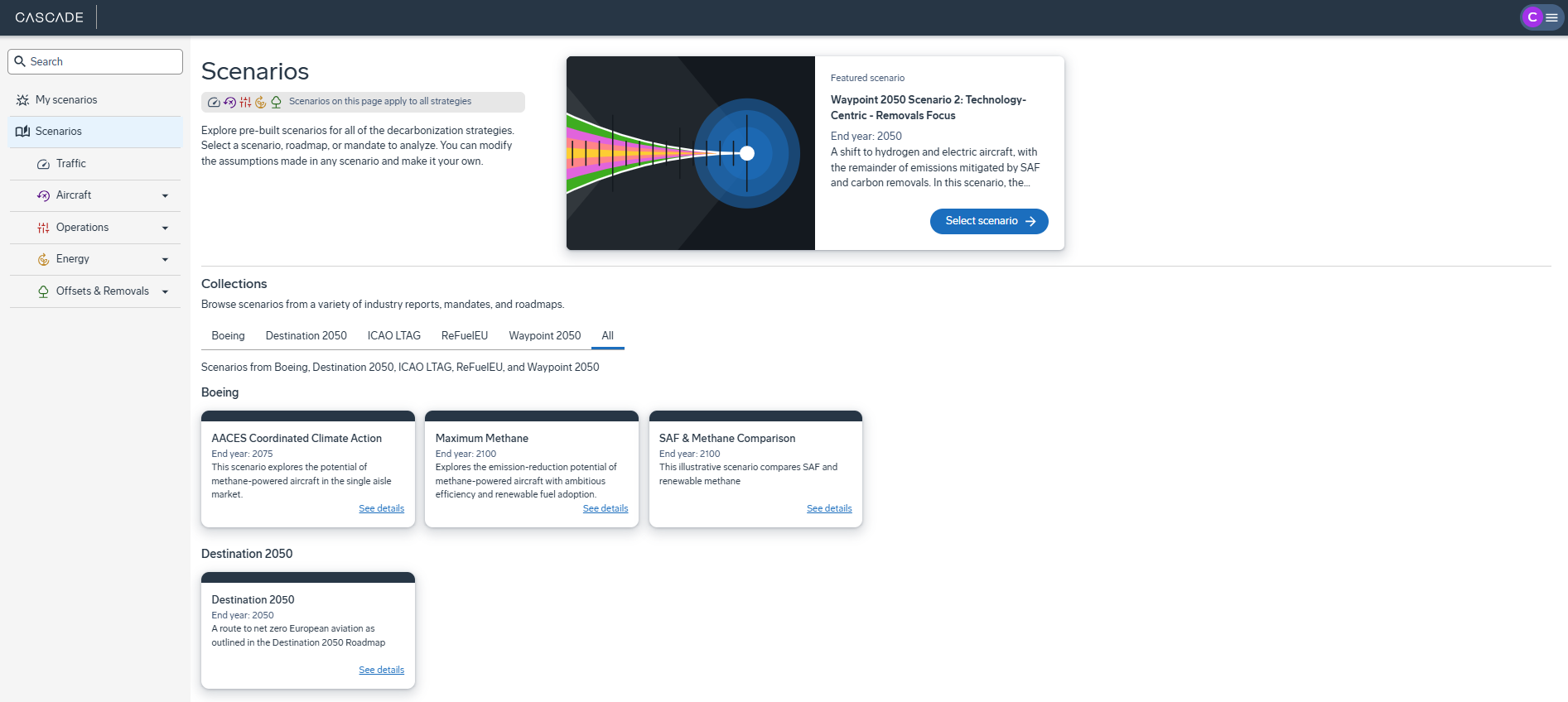 Access scenarios on the top right corner of the app dashboard