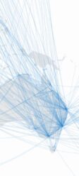 A map centered on Australia, with arching blue lines visualizing flight routes connecting to other territories.