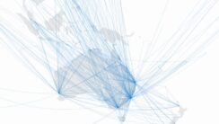 A map centered on Australia, with arching blue lines visualizing flight routes connecting to other territories.