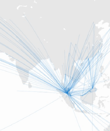 A map centered on Malaysia, with arching blue lines visualizing flight routes connecting to other territories.