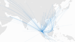 A map centered on Malaysia, with arching blue lines visualizing flight routes connecting to other territories.