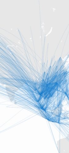 A map centered on Southeast Asia, with arching blue lines visualizing flight routes connecting to other territories.