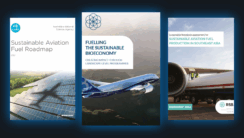 Three cover pages for industry reports on sustainable aviation fuel. From left to right, they feature photography of an airplane, solar panels, and a fuelling truck.