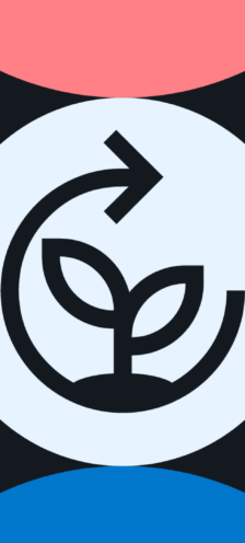 An illustration of the seedling symbol representing the energy strategy in Cascade. On all four sides of it are partial circles of different colours.