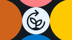 An illustration of the seedling symbol representing the energy strategy in Cascade. On all four sides of it are partial circles of different colours.