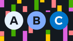 An illustration of the letters A, B, C each within a circle, floating in front of a set of multicoloured vertical bars representing Cascade charts.