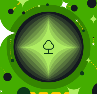 An illustration of a tree in a circle vaguely like a token. Around the token are abstract star and circle shapes.