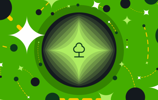 An illustration of a tree in a circle vaguely like a token. Around the token are abstract star and circle shapes.
